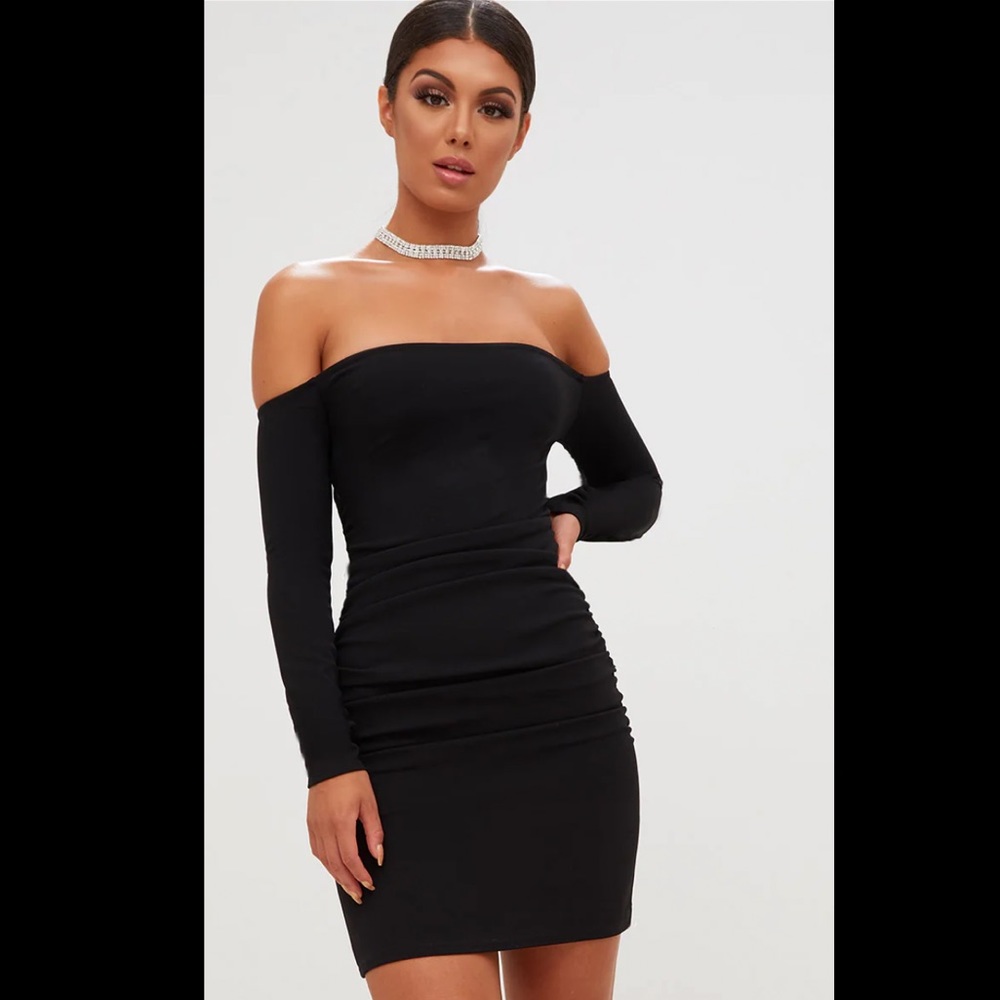 *NEW PrettyLittleThing Black Ruched Dress Size-12